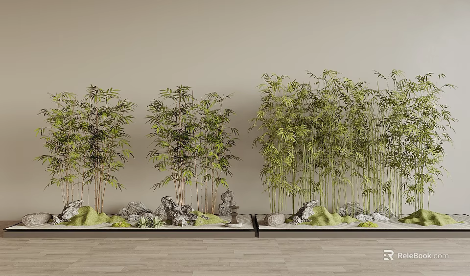 Green Bamboo Plants Arrangement With Decorative Stones On Wooden Floor And Beige Wall 3d model 