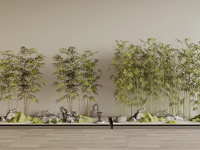 Green Bamboo Plants Arrangement With Decorative Stones On Wooden Floor And Beige Wall 3d model