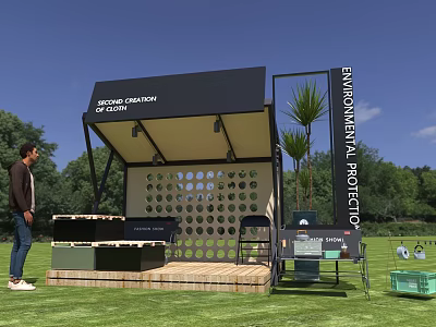 Outdoor Environmental Protection Stone Paving Display Pavilion With Green Lawn And Trees 3d model