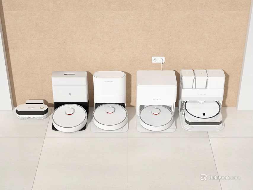 Modern Robotic Vacuum Cleaners And Home Appliances Displayed Neatly On White Floor 3d model 