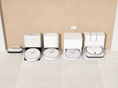Modern Robotic Vacuum Cleaners And Home Appliances Displayed Neatly On White Floor 3d model