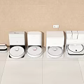 Modern Robotic Vacuum Cleaners And Home Appliances Displayed Neatly On White Floor