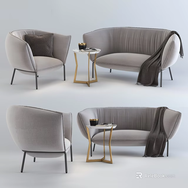 Light Gray Velvet Sofa Set With Armchair Side Table Pillow And Throw Blanket 3d model 