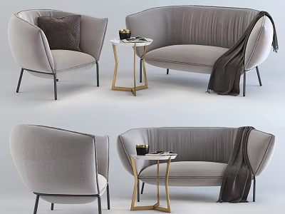 Light Gray Velvet Sofa Set With Armchair Side Table Pillow And Throw Blanket 3d model