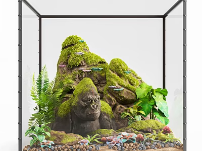 Decorative Figurine Set in Glass Case with Moss Covered Rock Green Plants and Gorilla Statue 3d model