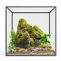 Decorative Figurine Set in Glass Case with Moss Covered Rock Green Plants and Gorilla Statue