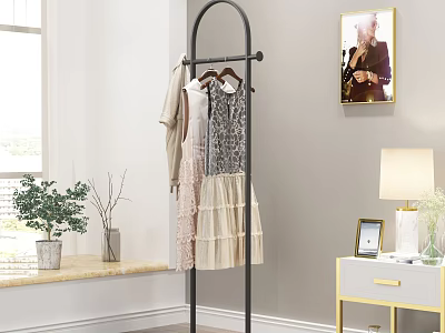 Stylish Modern Clothes Hanger with Hanging Dresses and Tops in Bright Living Room 3d model