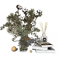 Floral Vase Arrangement With Cotton Pine Branches Eucalyptus Leaves And Diffuser Books Gold Decorative Balls