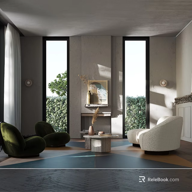 Modern Living Room Interior With Green Armchairs White Sofa Coffee Table And Large Windows 3d model 