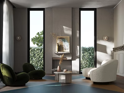 Modern Living Room Interior With Green Armchairs White Sofa Coffee Table And Large Windows 3d model