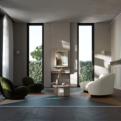 Modern Living Room Interior With Green Armchairs White Sofa Coffee Table And Large Windows 3d model