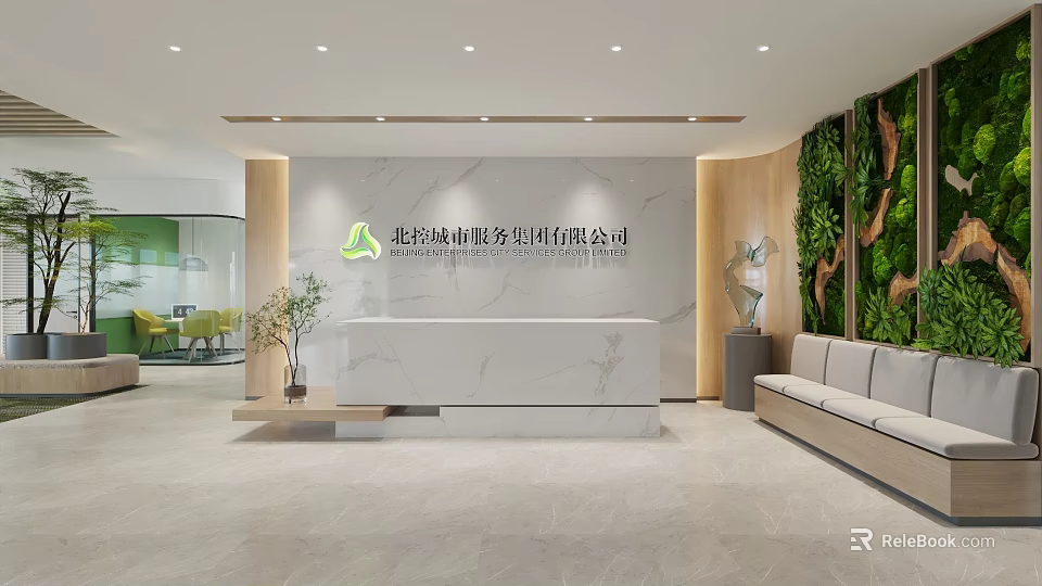Modern Reception Area Interior Design With Marble Desk Green Plant Wall And Sofa Elements 3d model 
