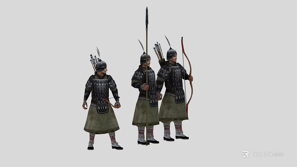 Three Men in Ancient Armor Holding Spears and Bows with Arrows 3d model