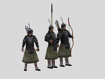 Three Men in Ancient Armor Holding Spears and Bows with Arrows 3d model