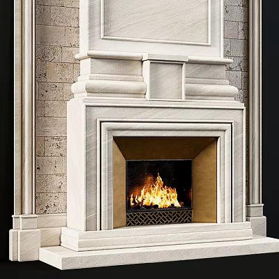 Luxurious Marble Fireplace With Burning Flames And Intricate Stone Details 3d model