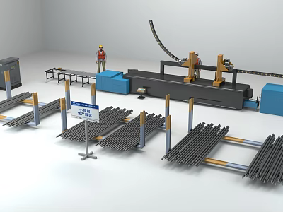 Metal Structural Components Manufacturing With Worker Operating Processing Equipment And Metal Bars Frames 3d model