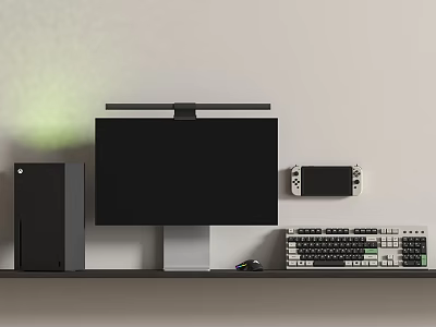 Modern Entertainment Electronics Setup Including Monitor Soundbar Desktop Tower Game Controller and Keyboard 3d model