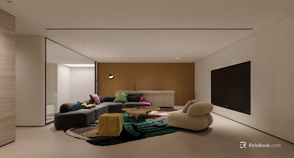 Modern Basement Living Room With Sofas Colorful Cushions And TV 3d model 