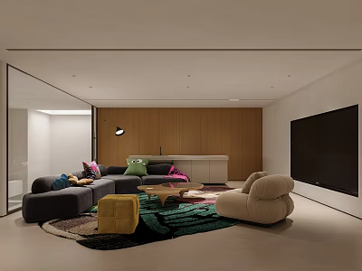 Modern Basement Living Room With Sofas Colorful Cushions And TV 3d model