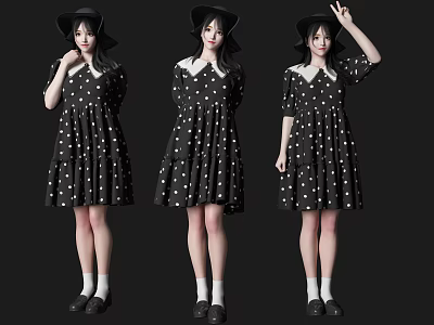 Women Dressed In Black Polka Dot Dresses With Black Hats White Socks And Black Shoes 3d model
