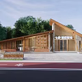 Wooden And Stone Bicycle Station With Sloped Roof Near Green Trees And Cycling Path