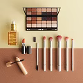 Perfume And Cosmetics Collection With Eyeshadow Palette Lipstick Brushes And Mascara On Soft Color Background