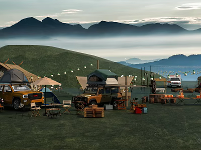 Garden Landscape Featuring Distant Mountains Lush Grassland Camping Tents Vehicles Outdoor Tables and String Lights 3d model