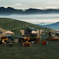 Garden Landscape Featuring Distant Mountains Lush Grassland Camping Tents Vehicles Outdoor Tables and String Lights