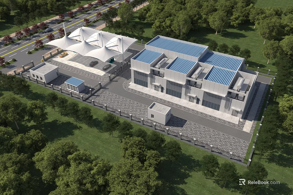 Modern Industrial Factory Building Featuring Blue Roof Surrounding Greenery And Parking Area 3d model 