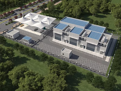Modern Industrial Factory Building Featuring Blue Roof Surrounding Greenery And Parking Area 3d model