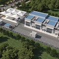 Modern Industrial Factory Building Featuring Blue Roof Surrounding Greenery And Parking Area
