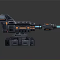 Sci-Fi Turret Weapon 3D Model with Gray Metal Body Orange Accents and Blue Energy Barrel