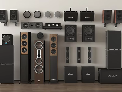 Assorted Black Brown Audio Speakers Featuring Floor Standing And Wall Mounted Designs 3d model