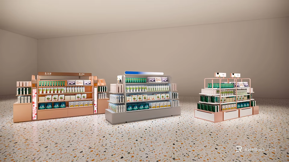 Modern Retail Display Shelves With Multilayer Racks Organizing Various Products In Store 3d model 