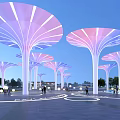 Park Landscape Featuring Illuminated Purple Pink Canopy Structures Open Plaza Circular Paths And People Walking