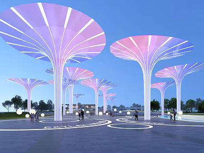 Park Landscape Featuring Illuminated Purple Pink Canopy Structures Open Plaza Circular Paths And People Walking 3d model