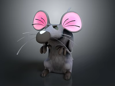 Cute Gray Mouse Stuffed Toy With Large Pink Ears On Black Background 3d model