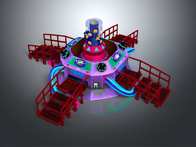 Rotating Amusement Ride Structure With Red Stairs Railings And Colorful Lighting 3d model