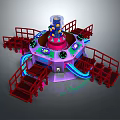 Rotating Amusement Ride Structure With Red Stairs Railings And Colorful Lighting