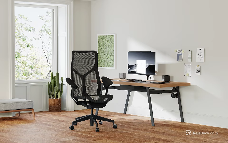Modern Study Room Interior With Wooden Desk Black Mesh Chair Computer Monitor And Natural Light 3d model 