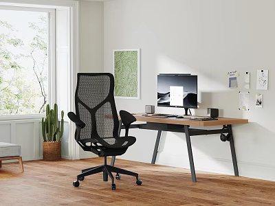 Modern Study Room Interior With Wooden Desk Black Mesh Chair Computer Monitor And Natural Light 3d model