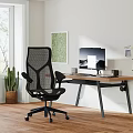 Modern Study Room Interior With Wooden Desk Black Mesh Chair Computer Monitor And Natural Light