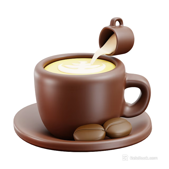 Creamy Coffee In Brown Ceramic Cup With Milk Pouring And Latte Art Beans On Saucer 3d model 