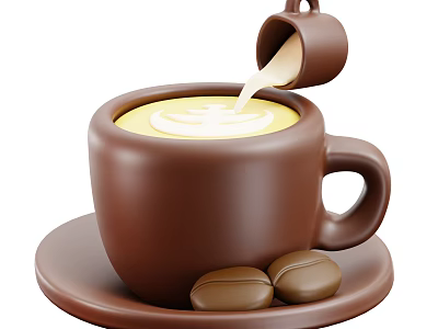 Creamy Coffee In Brown Ceramic Cup With Milk Pouring And Latte Art Beans On Saucer 3d model