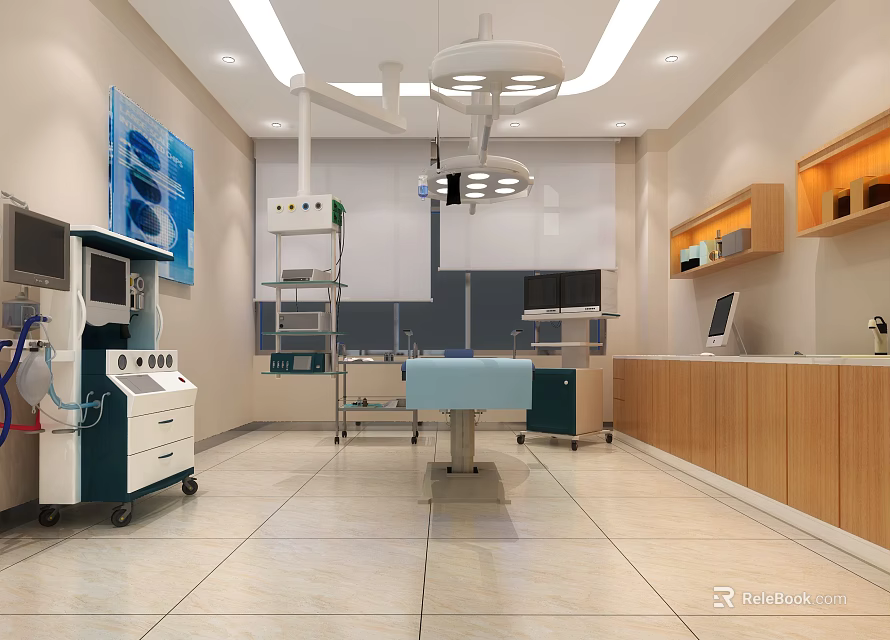 Modern Operating Room With Surgical Table Operating Lights And Medical Equipment 3d model 