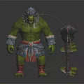 Green Skinned Muscular Orc Like Monster With Decorative Blue Red Outfit Holding Spiked Mace Weapon