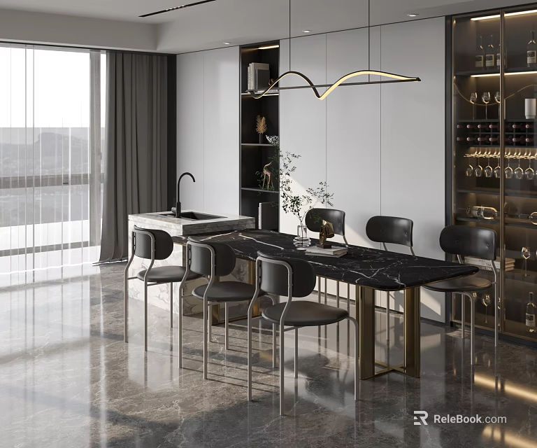 Modern Restaurant Interior With Marble Dining Table Black Chairs Pendant Light And Wine Cabinet 3d model 