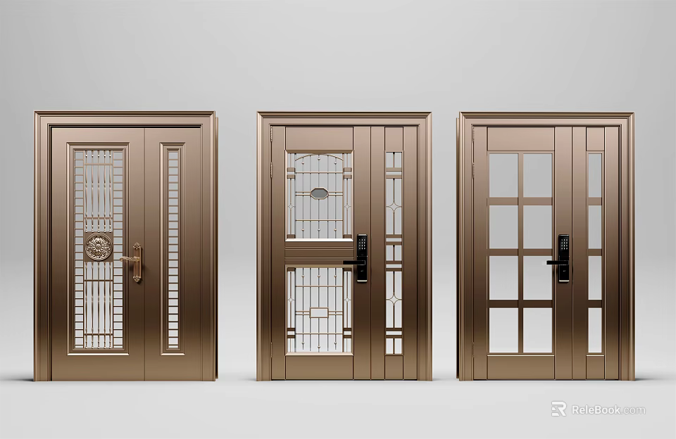 Various Modern Security Doors With Glass Panels And Decorative Grilles 3d model 