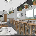 Modern Restaurant Interior With Wooden Tables Chairs Pendant Lights Tableware And Flower Vases