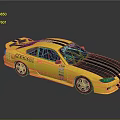 Yellow Modified Racing Car With Black Stripes KICKER Logo And Sponsor Decals